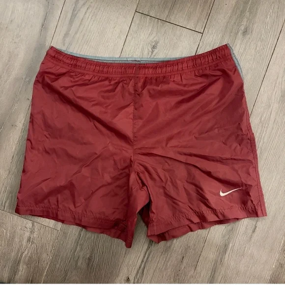 Vintage Nike Men's Maroon Athletic Swim Shorts with Swoosh 90s - Picture 1 of 6